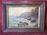 an oil painting of a rocky coast with a boat in the distance