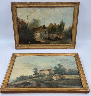 two paintings of a farm and a house on a hill