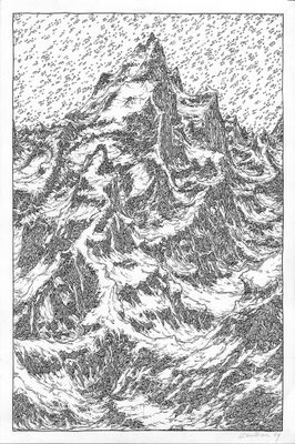 un dessin en noir et blanc représentant une montagne enneigée