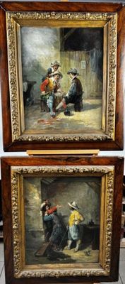 two paintings of a man and a woman sitting on a bench