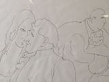 drawing of a man and a woman sitting on a couch with a cat