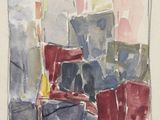 l'image d'une peinture représentant un paysage urbain avec des bâtiments à l'arrière-plan