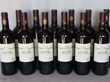 six bottles of wine are lined up in a row on a table