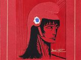 a red book with a picture of a woman wearing a helmet