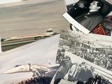 several black and white photos of people standing in front of an airplane