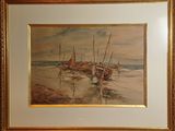 une image d'une peinture de bateaux sur la plage