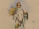 painting of a woman in a white dress holding a bunch of flowers