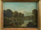 painting of a river scene with a man and a woman in the foreground