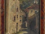 an oil painting of a street in a small town with buildings