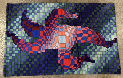 abstract painting of a man laying on a blue and green checkered surface