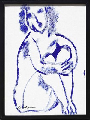 blue ink drawing of a woman holding a soccer ball on a white background