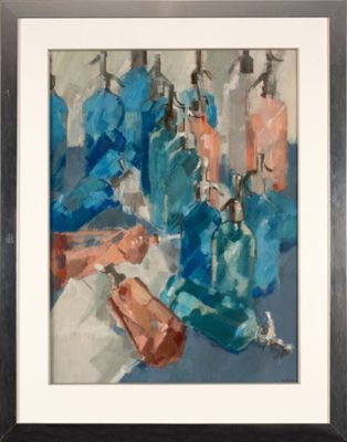 une peinture à l'huile représentant un groupe de personnes vêtues de bleu et d'orange
