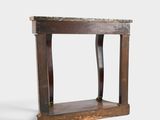 an old wooden table with a marble top on a white background