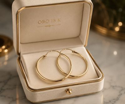 a pair of gold hoop earrings sitting in a box