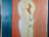 une image représentant un tableau d'une femme nue sur un fond rouge et bleu