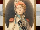 portrait of a woman in a red hat with a gun in her hand