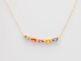 a gold necklace with multi colored stones on a white background