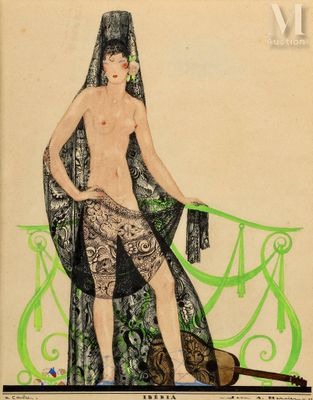 une illustration ancienne représentant une femme tenant une guitare à la main