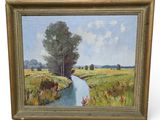 an oil painting of a river running through a lush green field