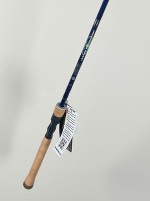 a close up of a fishing rod with a label on it