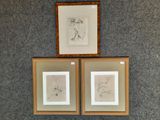 trois tableaux encadrés accrochés au mur au-dessus des toilettes