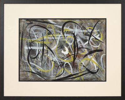 une peinture en noir et blanc sur laquelle figurent des lignes jaunes