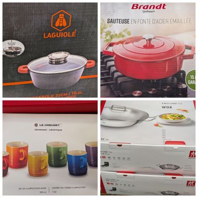 four different pictures of different colored pots and pans on a table