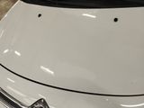 a close up of a white car with a black hood