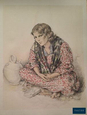 painting of a woman sitting on the ground with a pot in front of her
