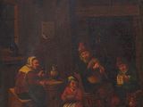 une vieille peinture représentant un groupe de personnes assises autour d'une table
