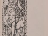 an old book with a drawing of a woman holding a bird