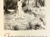 un dessin représentant une femme debout sur une bûche dans l'eau