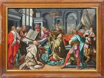 une peinture représentant un groupe de personnes assises autour d'une table
