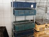 a rack with baskets and crates on it in a room