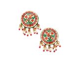 a pair of red and gold earrings with floral design