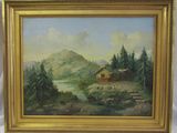 une peinture à l'huile représentant un paysage de montagne avec une cabane au premier plan