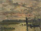 l'image d'une peinture représentant une rivière avec un bateau dans l'eau