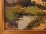 a picture of a painting of a house by the water