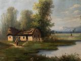 a painting on the wall of a house by the water