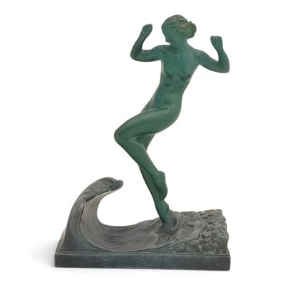 statue of a woman on a wave with a white background