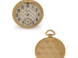 two gold - plated pocket watches, one with a checkered dial and the other with a chain