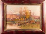 une peinture à l'huile représentant une scène de vie à la ferme avec des vaches qui paissent dans un champ