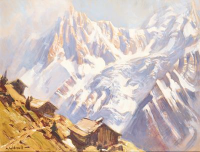 painting of a mountain scene with a cabin in the foreground and snow covered mountains in the background