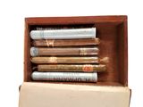 five cigars in a box on a white background