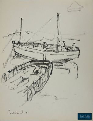 drawing of a boat tied up to a dock with people standing on it