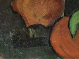 a painting of two oranges on a black board