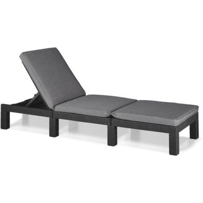 a black outdoor chaise lounger with a grey cushion