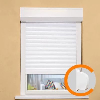 a picture of a window with a white blind on it