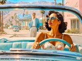 tableau représentant une femme au volant d'une voiture, avec un homme en arrière-plan