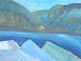 une peinture représentant une scène de montagne avec un lac au premier plan